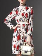 Romwe White Collar Long Sleeve Elastic Waist Rose Print Dress