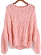 Romwe Slit Cable Knit Dolman Pink Sweater