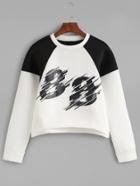 Romwe Black And White Contrast Number Print Dip Hem Sweatshirt