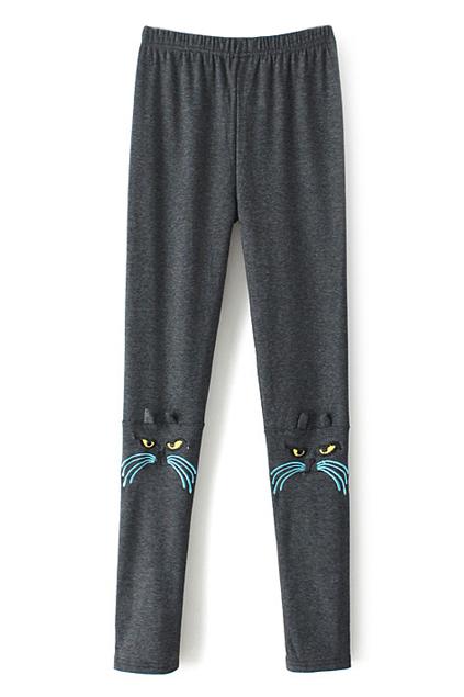 Romwe Cat Print Elastic Grey Leggings