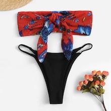 Romwe Random Floral Bandeau With Low Rise Bikini Set