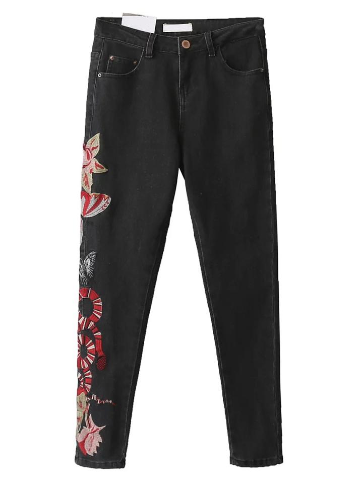 Romwe Black Embroidered Side Skinny Jeans
