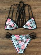 Romwe Floral Print Strappy Triangle Bikini Set