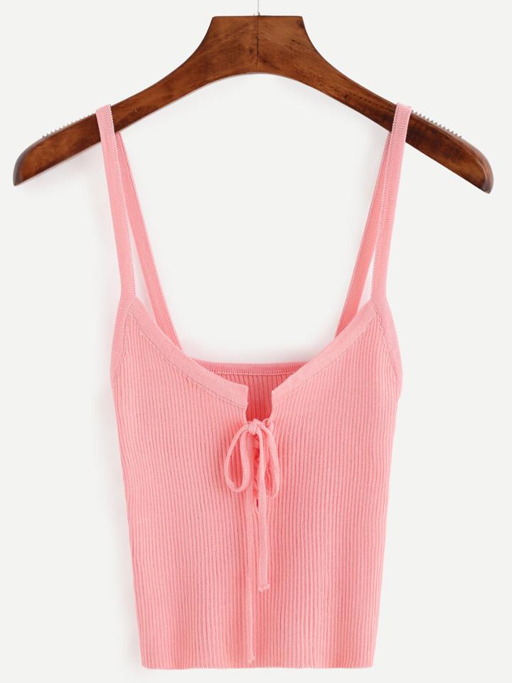 Romwe Pink Lace Up Ribbed Cami Top