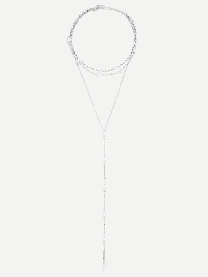 Romwe Faux Pearl Detail Layered Y Necklace