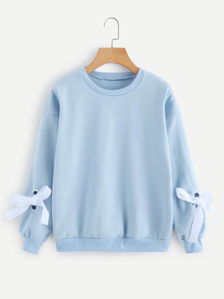 Romwe Eyelet Tie Sleeve Sweatshirt