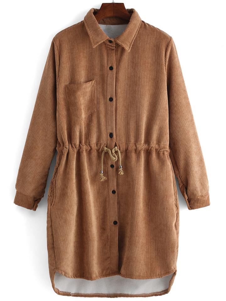 Romwe Lapel Drawstring High Low Buttons Pocket Dress