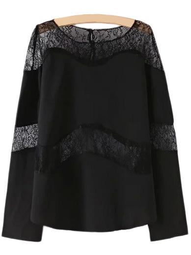 Romwe Black Scoop Neck Lace Splicing Blouse