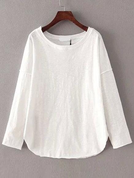 Romwe Drop Sleeve Curved Hem White T-shirt