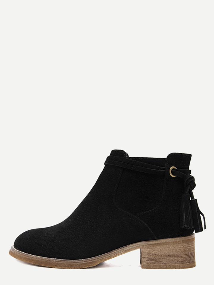 Romwe Black Faux Suede Distressed Tassel Cork Heel Ankle Boots