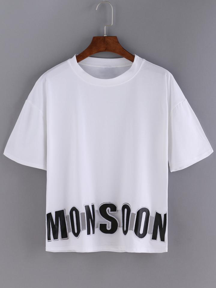 Romwe White Letter Print T-shirt