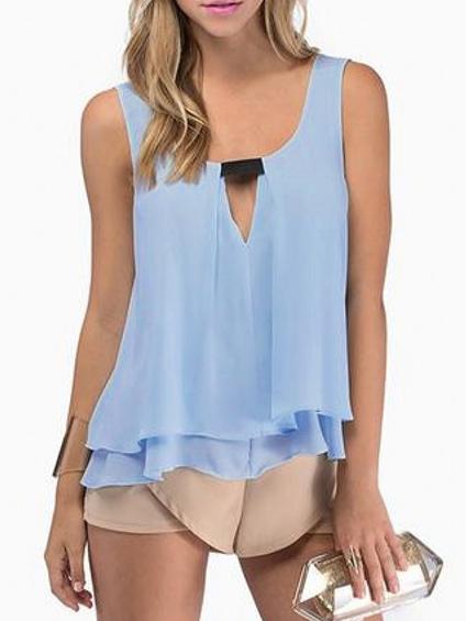 Romwe Scoop Neck Hollow Chiffon Light Blue Tank Top