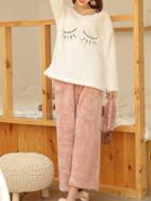 Romwe Eyelash Embroidered Faux Fleece Pullover & Pants Pj Set