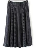 Romwe Elastic Waist Vertical Striped Pleated Navy Skirt
