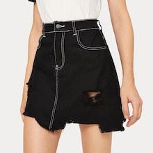 Romwe Topstitching Ripped Denim Skirt