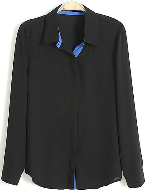 Romwe Lapel Buttons Chiffon Black Blouse