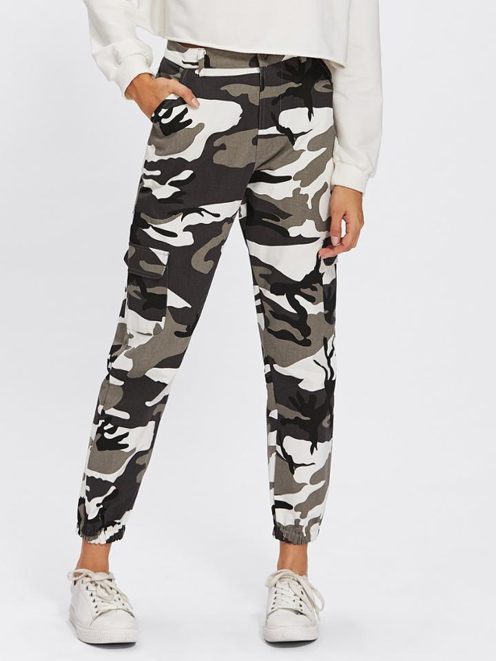 Romwe Camo Print Elastic Hem Pants