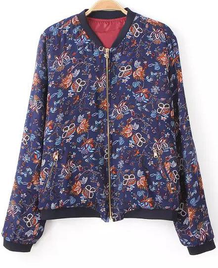 Romwe Floral Print Vintage Zipper Jacket