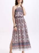 Romwe Metal Halter Neck Open Back Slit Long Dress