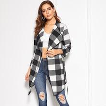 Romwe Waterfall Collar Tied Waist Gingham Coat