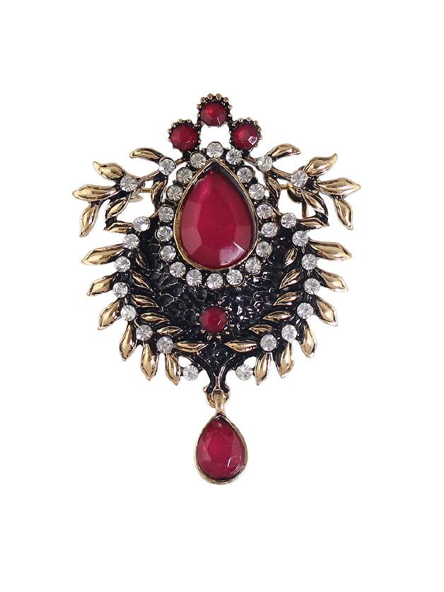 Romwe Red Bronze Rhinestone Flower Brooch