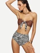 Romwe Multicolor Leopard And Zebra Print Bandeau Bikini Set