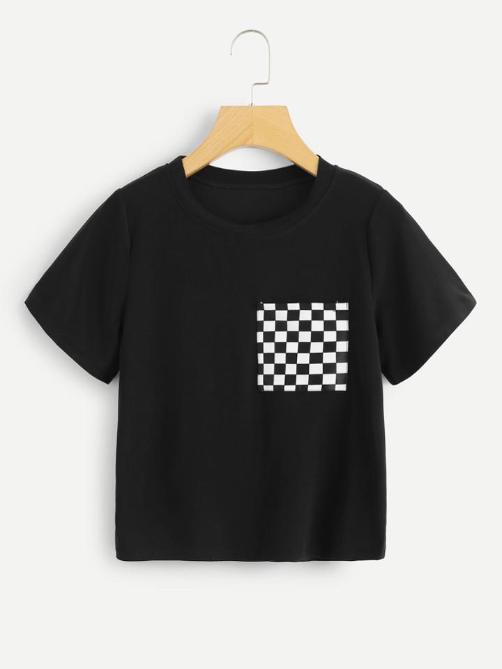 Romwe Gingham Chest Pocket Tee