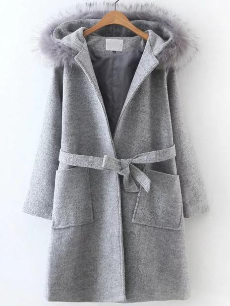 Romwe Grey Front Pocket Hooded Coat With Belt