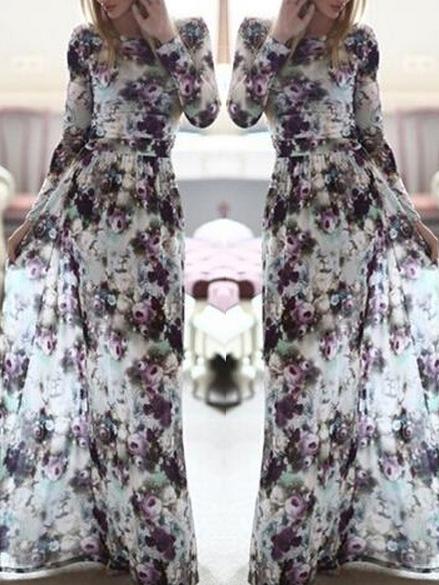 Romwe Long Sleeve Florals Maxi Purple Dress