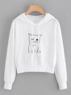 Romwe Cat Print Hooded Drawstring Sweatshirt