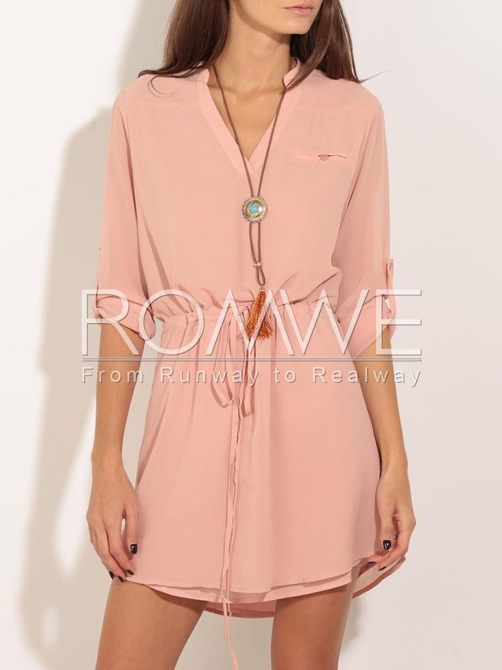 Romwe Pink Adjustable Buckle Drawstring Waist Shirt Dress