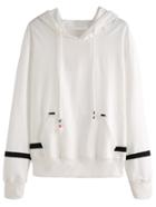 Romwe White Striped Sleeve Drawstring Hooded Pocket Sweatshirt
