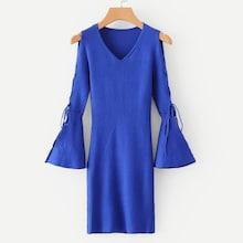 Romwe Lace-up Flounce Sleeve Sweater Dress