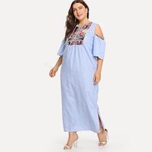Romwe Plus Geo Embroidered Open Shoulder Slit Hem Dress