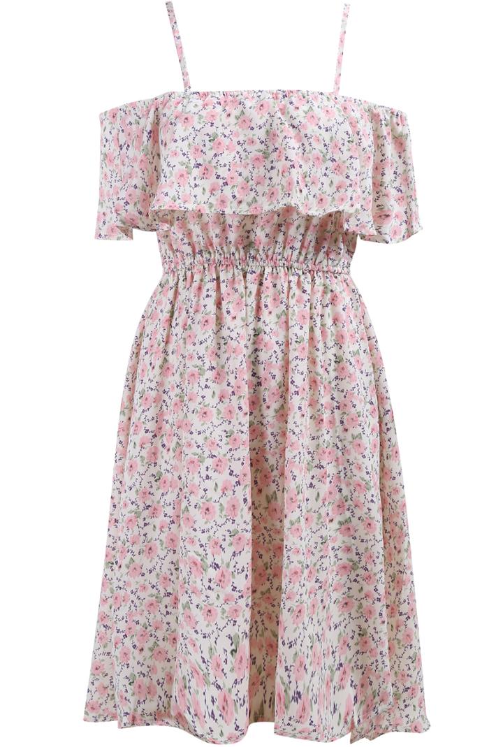 Romwe Pink Spaghetti Strap Ruffle Floral Dress