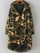 Romwe Army Green Camouflage Print Drawstring Detail High Low Coat