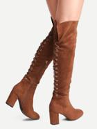 Romwe Brown Point Toe Tie Back Knee Boots