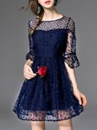 Romwe Navy Bell Sleeve Hollow Beading A-line Dress