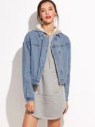 Romwe Blue Drop Shoulder Zip Up Denim Jacket