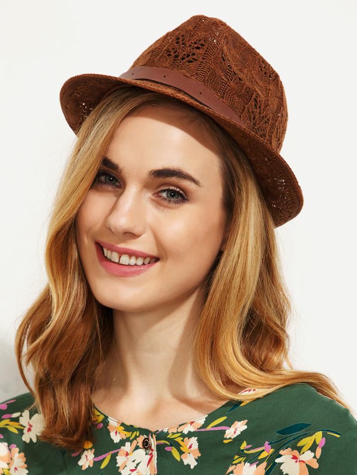 Romwe Coffee Wavy Strap Trim Hollow Fedora Hat
