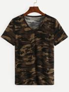 Romwe V-neck Camo T-shirt - Olive Green