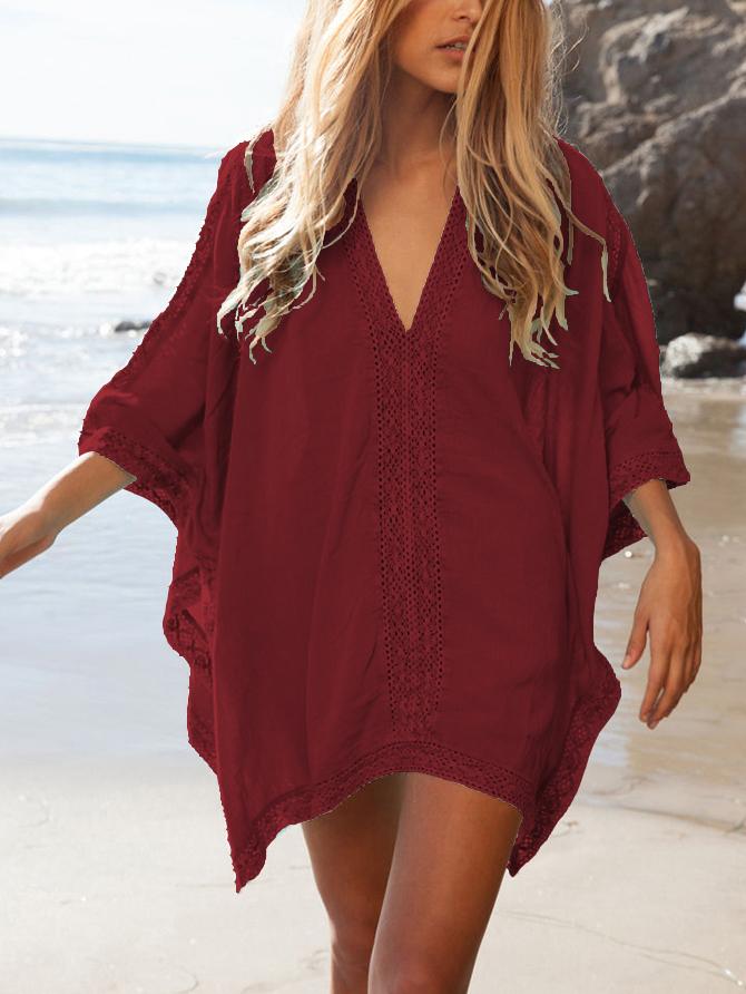 Romwe Burgundy V Neck Crochet Panel Poncho Blouse