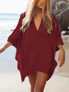 Romwe Burgundy V Neck Crochet Panel Poncho Blouse