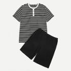 Romwe Guys Button Front Striped Top & Shorts Pj Sets