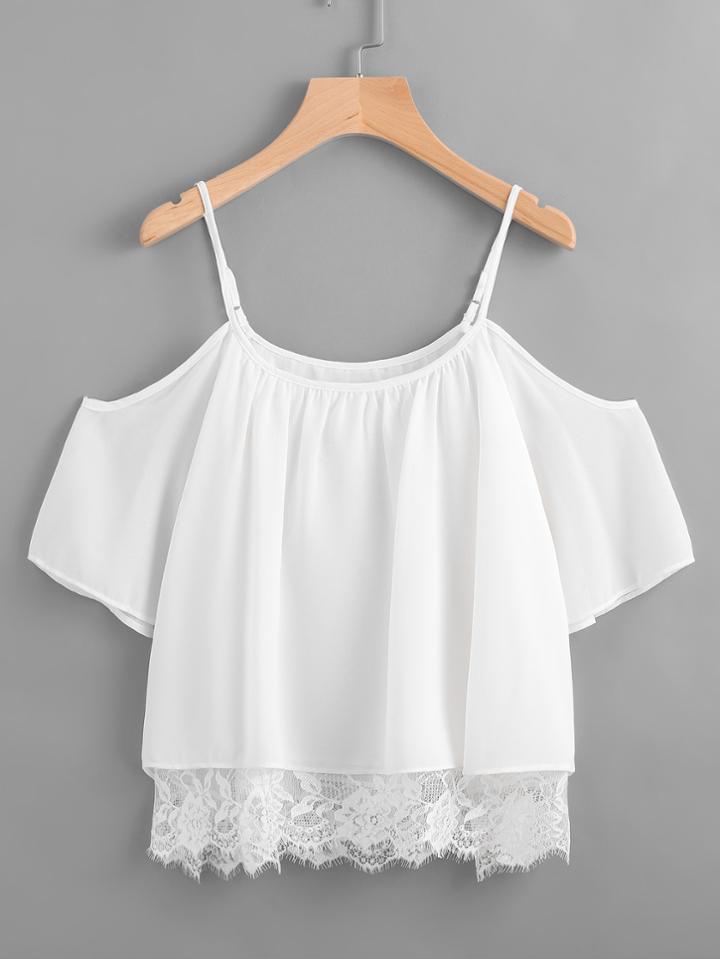 Romwe Open Shoulder Lace Hem Blouse