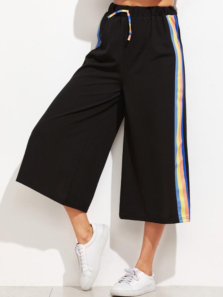 Romwe Black Rainbow Striped Side Drawstring Wide Leg Pants