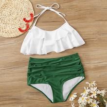 Romwe Tiered Layer Top With Ruched High Waist Bikini Set