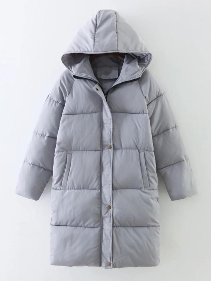 Romwe Longline Padded Coat With Hoodie
