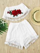 Romwe Embroidered Appliques Crochet Tassel Trim Top With Shorts