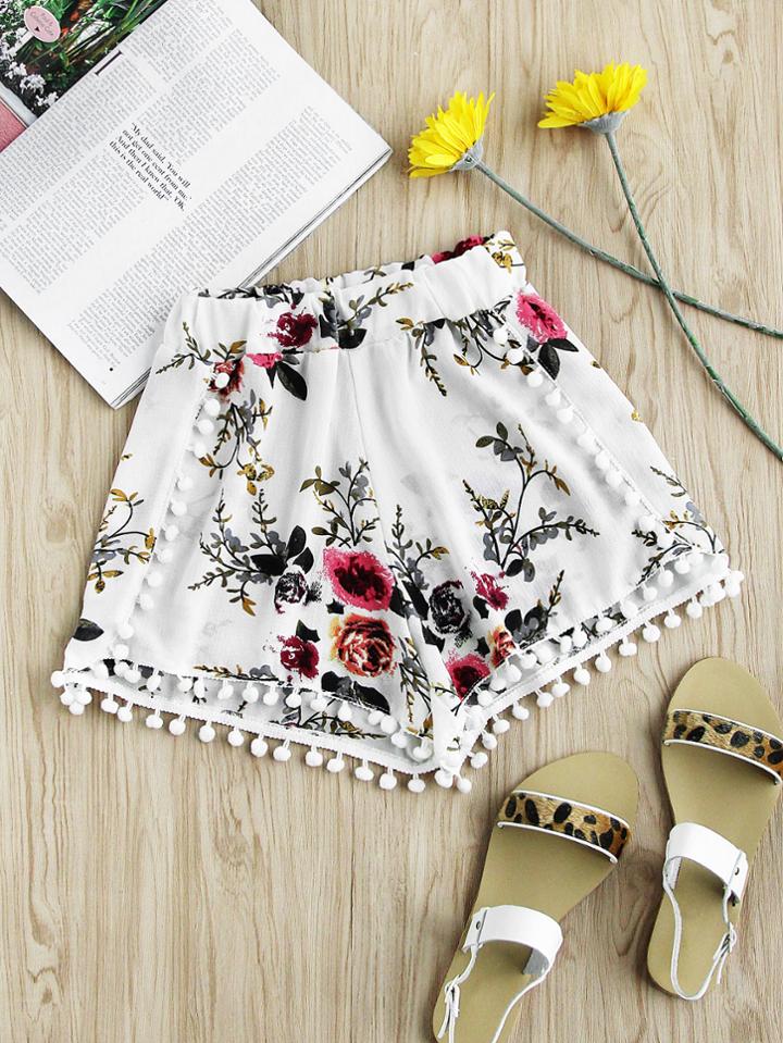 Romwe Floral Print Random Pom Pom Trim Shorts